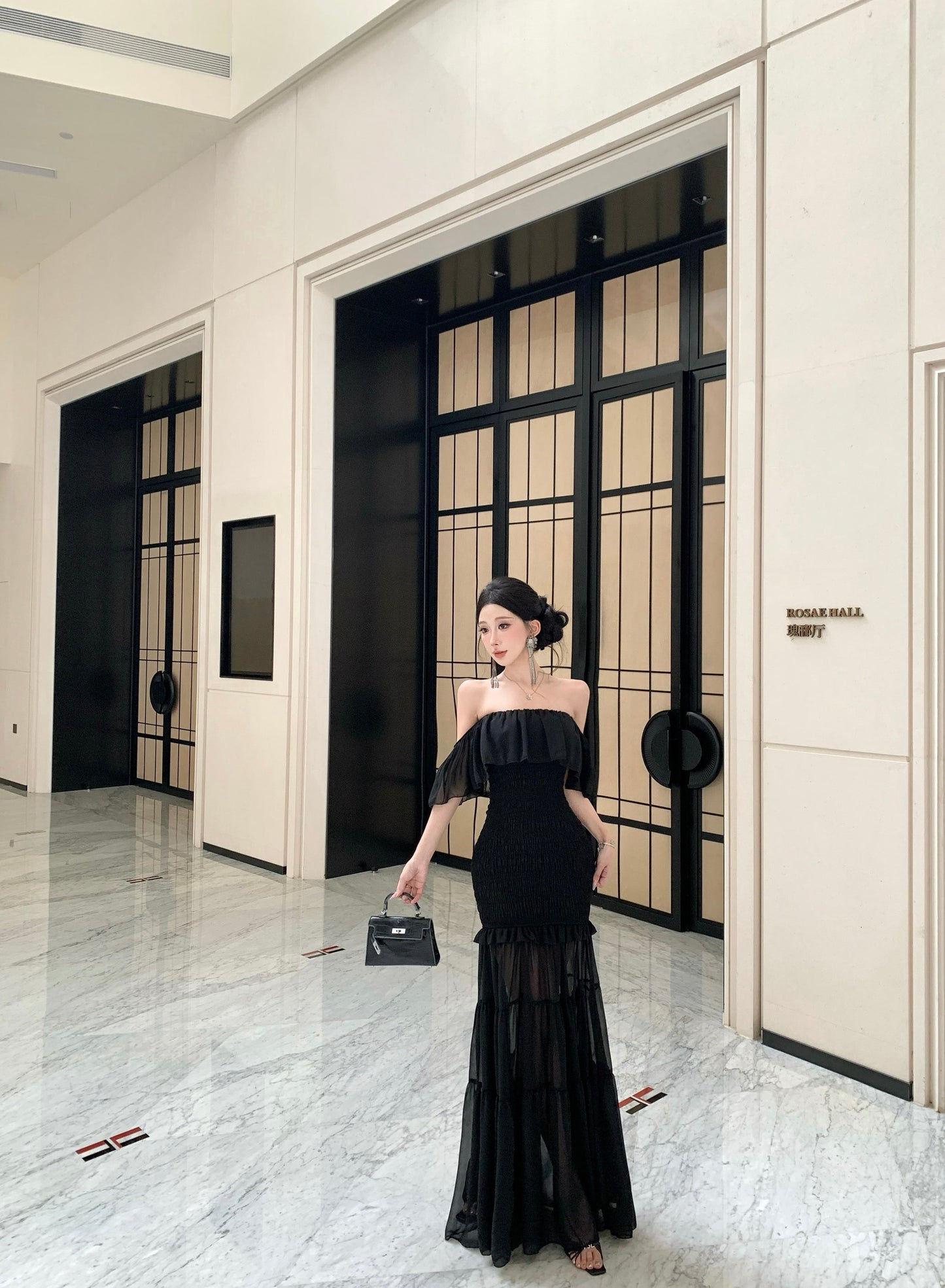 Black Off-the-Shoulder Smocked Bodycon Maxi Dress with Sheer Tiered Hem