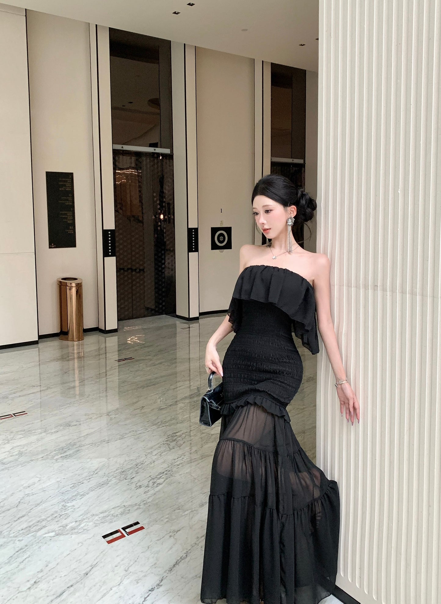 Black Off-the-Shoulder Smocked Bodycon Maxi Dress with Sheer Tiered Hem