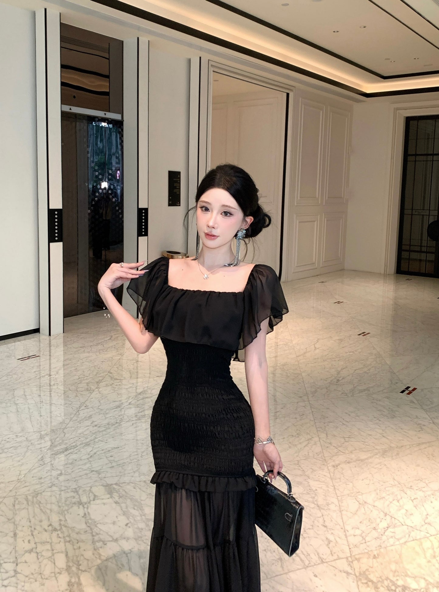 Black Off-the-Shoulder Smocked Bodycon Maxi Dress with Sheer Tiered Hem