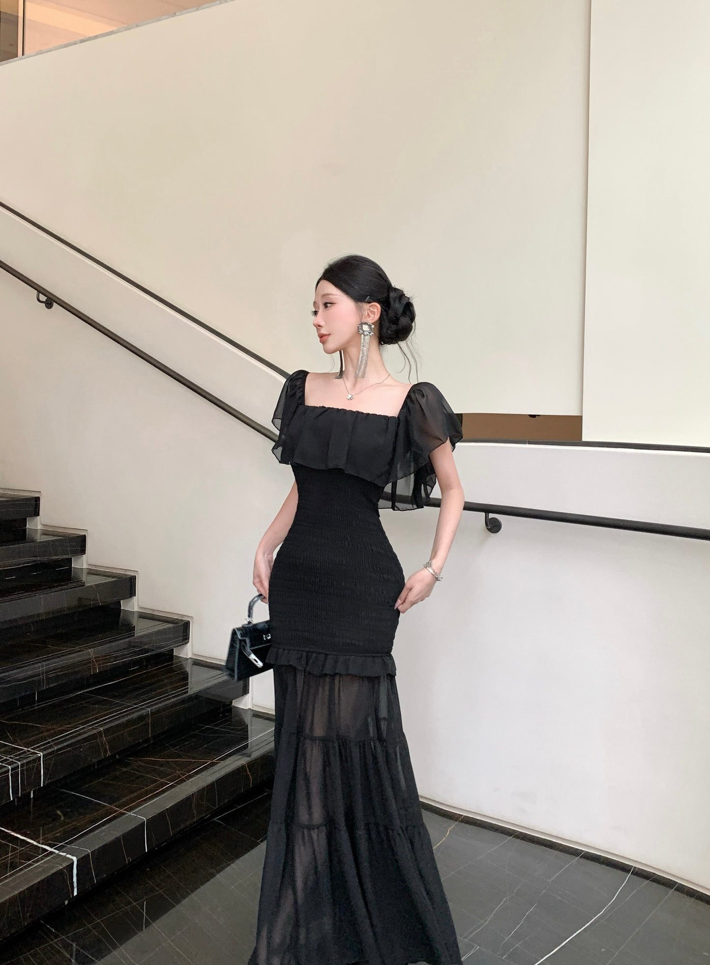 Black Off-the-Shoulder Smocked Bodycon Maxi Dress with Sheer Tiered Hem