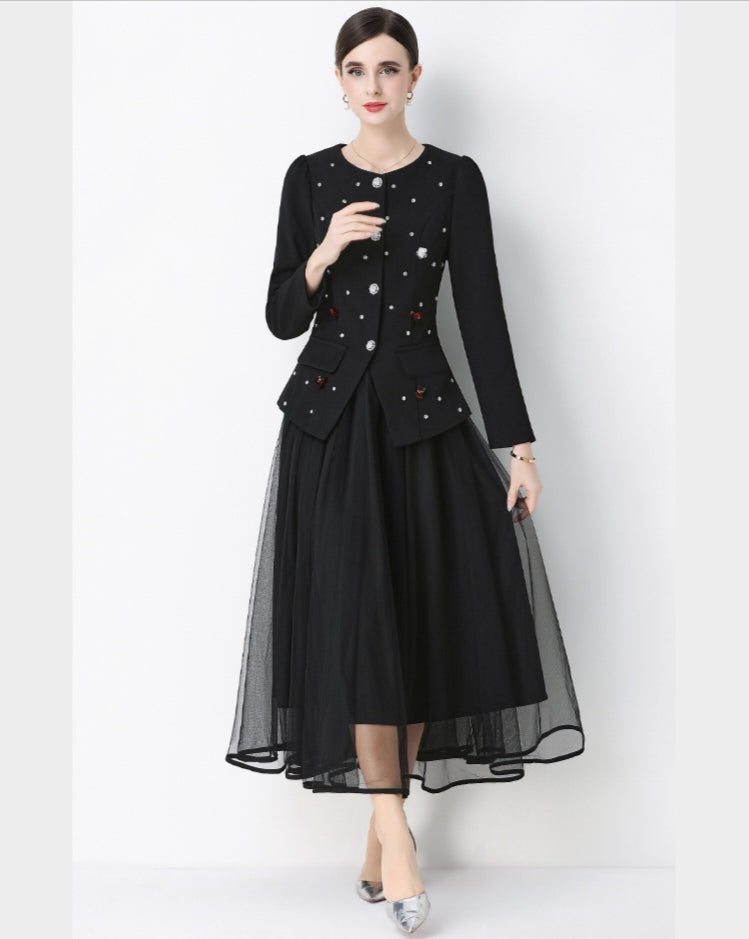 Black Round Neck Suit Jacket with Rhinestone embellishments and Mesh Skirt Set