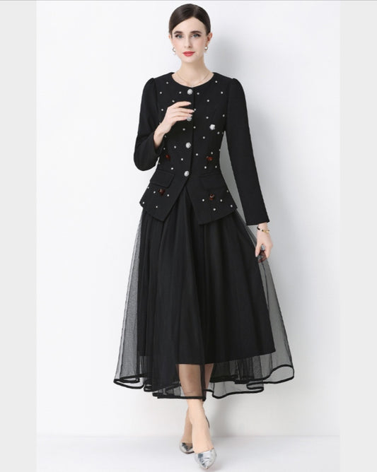 Black Round Neck Suit Jacket with Rhinestone embellishments and Mesh Skirt Set