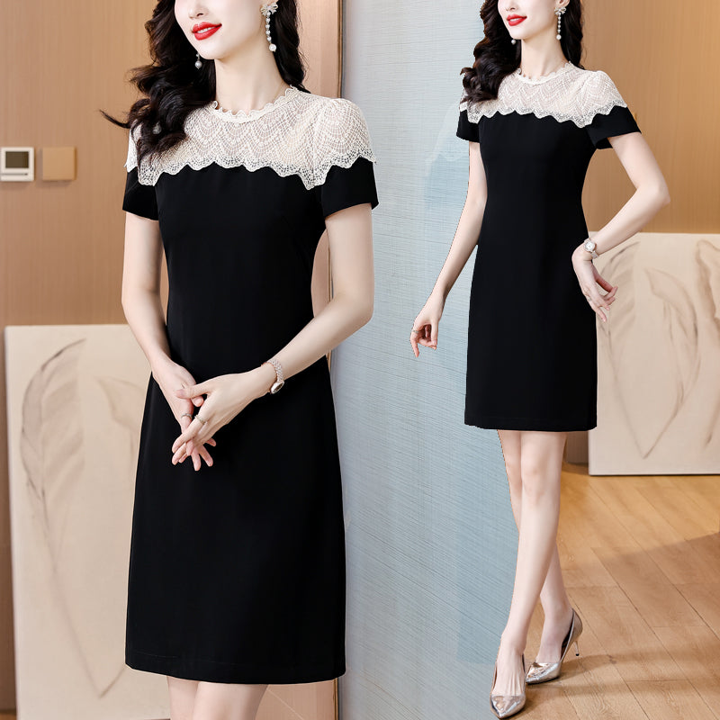 Black Short Sleeve Dress with Cream Floral Lace Yoke