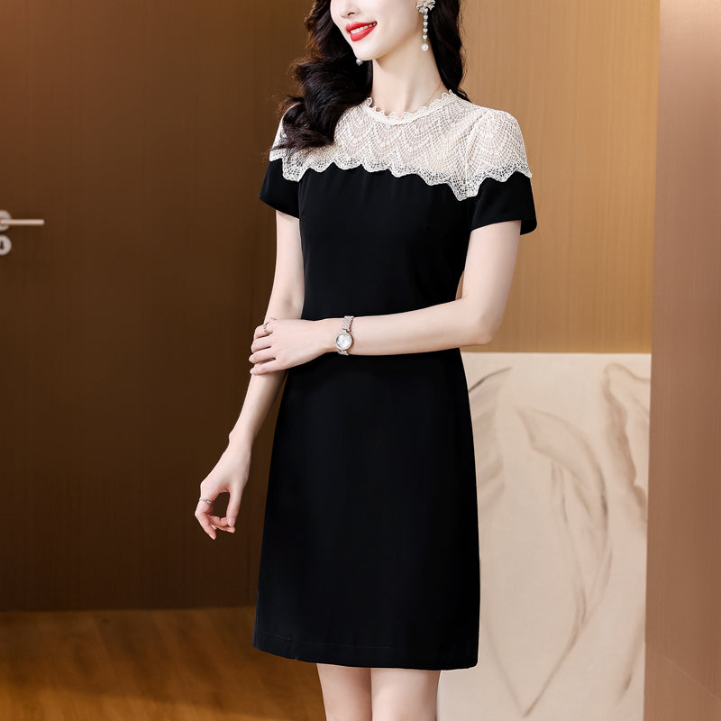 Black Short Sleeve Dress with Cream Floral Lace Yoke