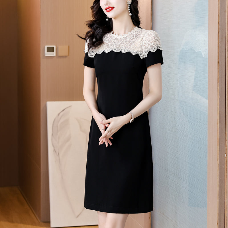 Black Short Sleeve Dress with Cream Floral Lace Yoke