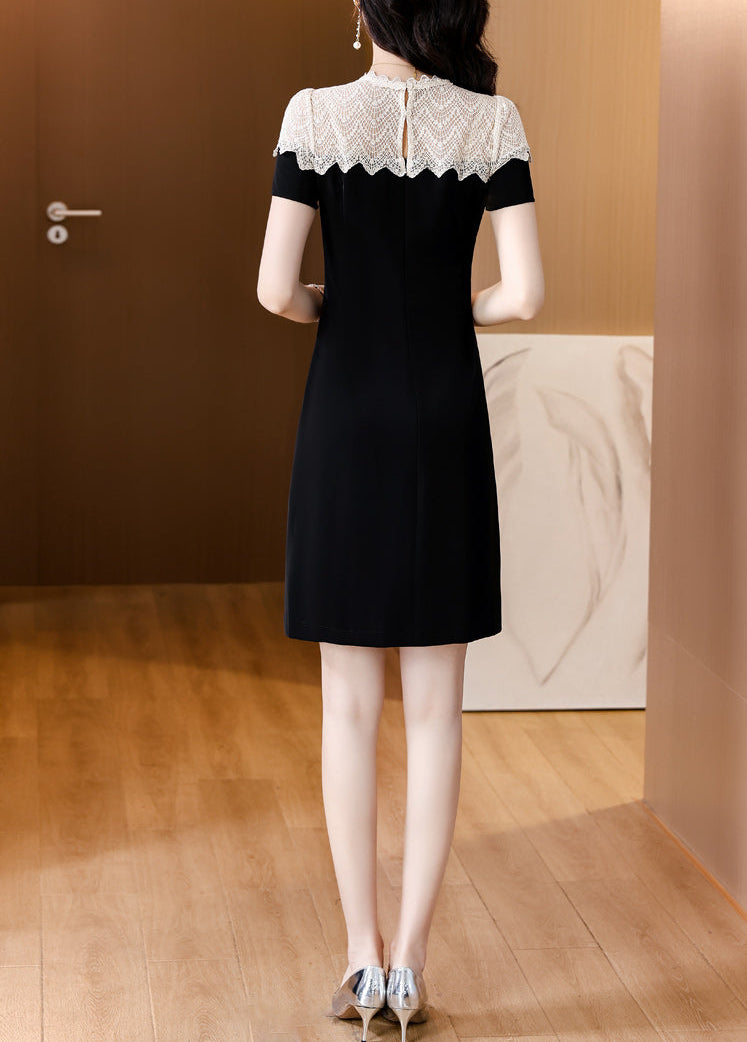 Black Short Sleeve Dress with Cream Floral Lace Yoke