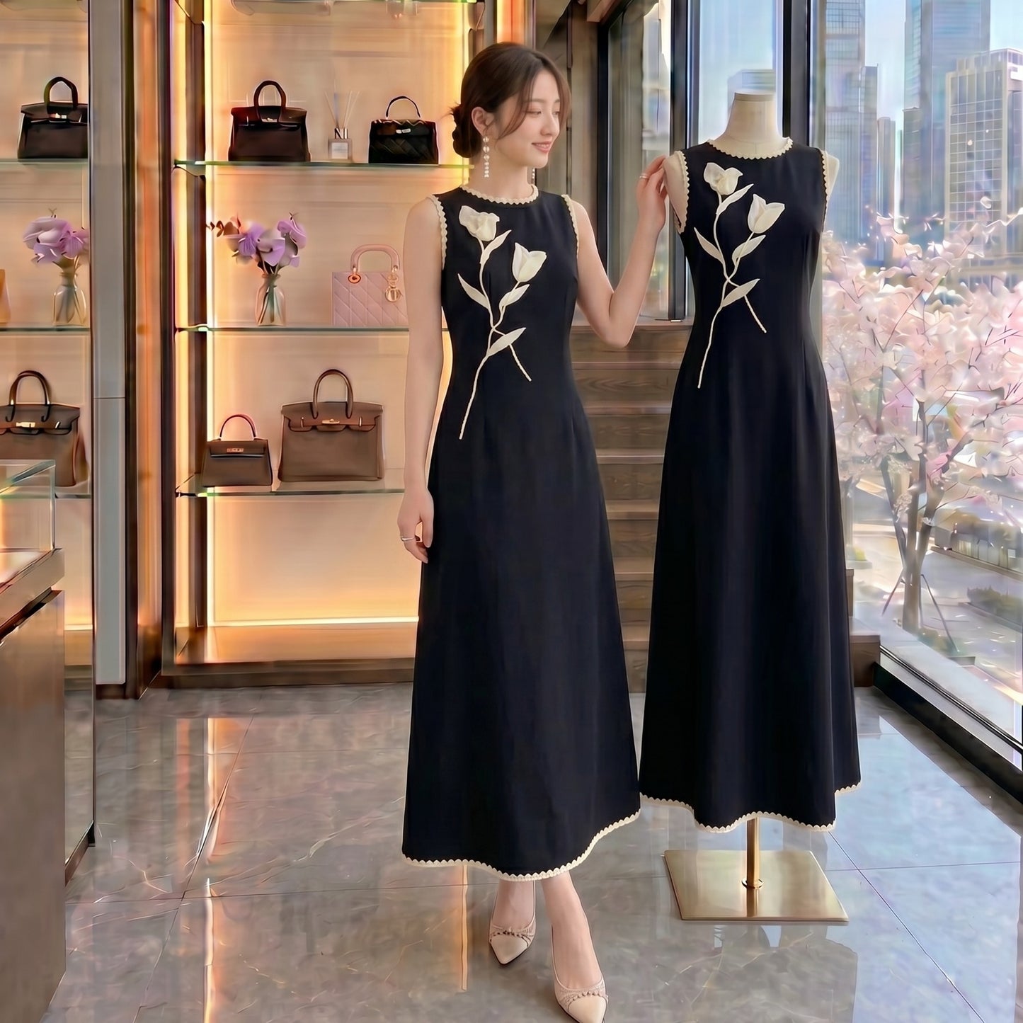Black Sleeveless Floral Appliqué Midi Dress