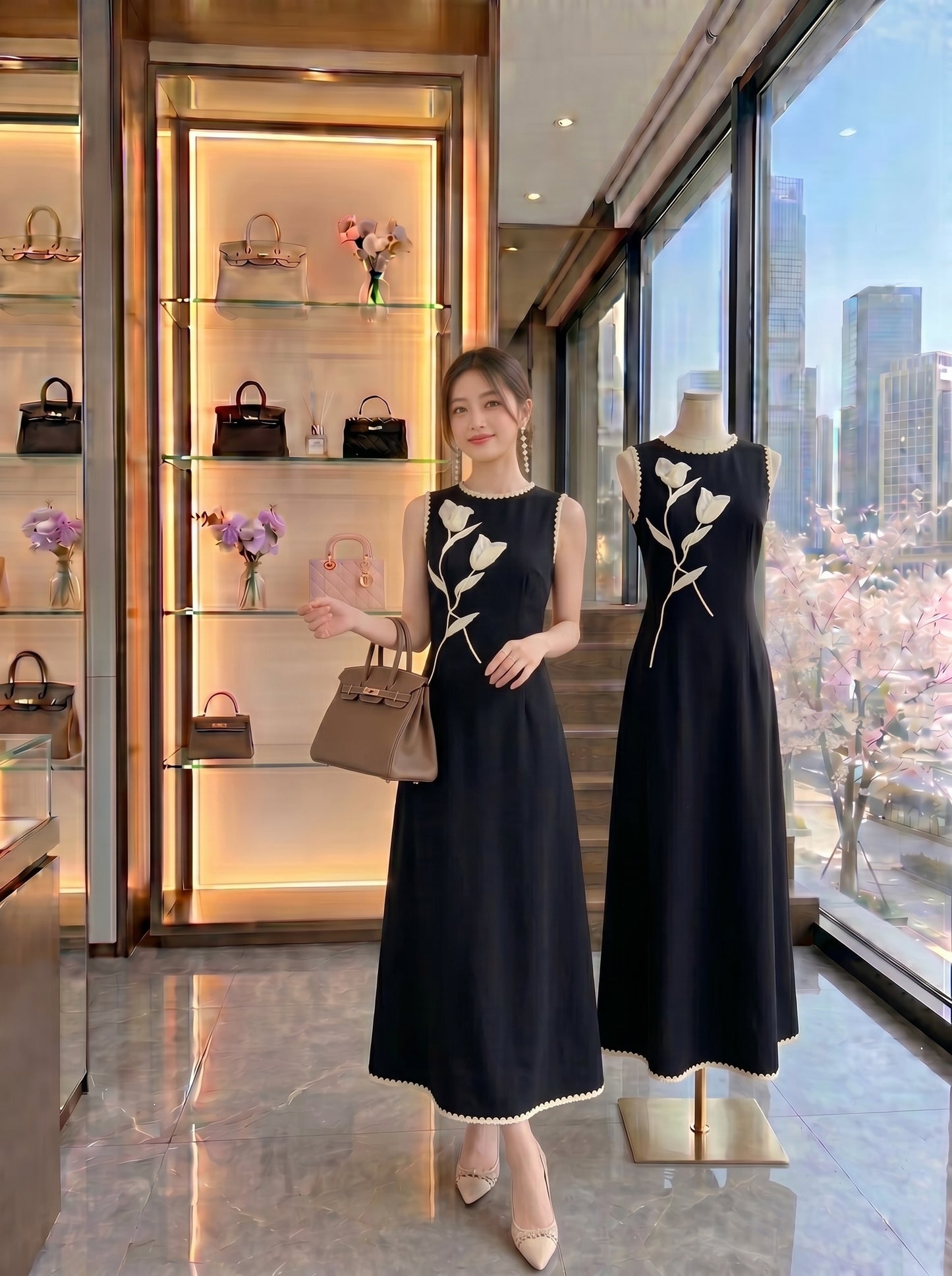 Black Sleeveless Floral Appliqué Midi Dress