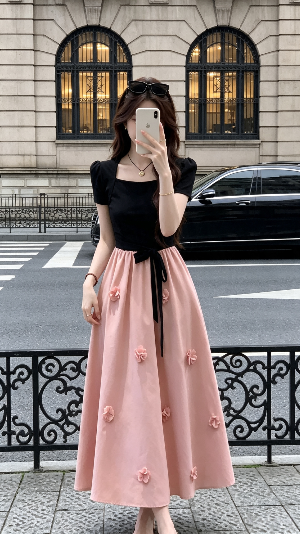 Black Square Neck & Pink Bow-Tied 3D Flower Midi Dress