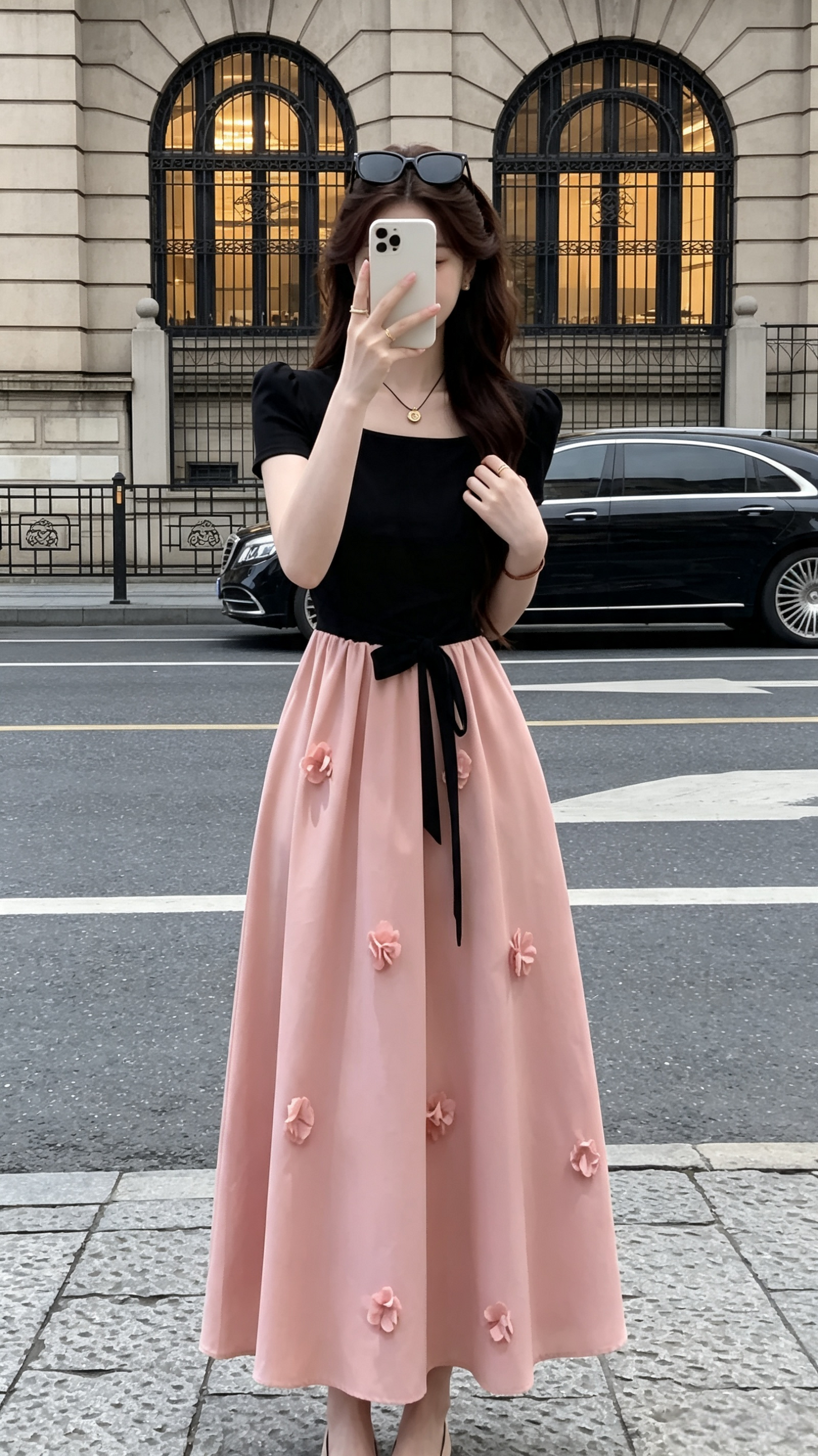 Black Square Neck & Pink Bow-Tied 3D Flower Midi Dress