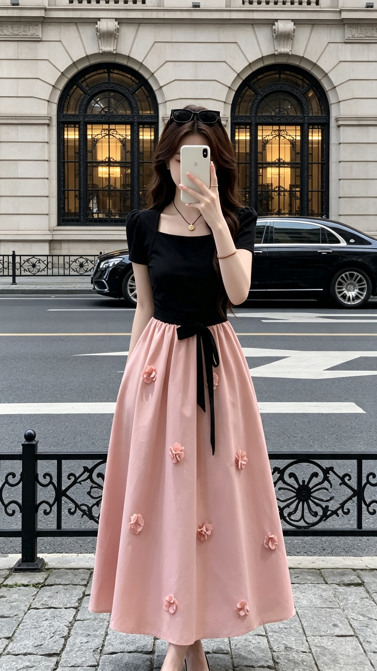Black Square Neck & Pink Bow-Tied 3D Flower Midi Dress