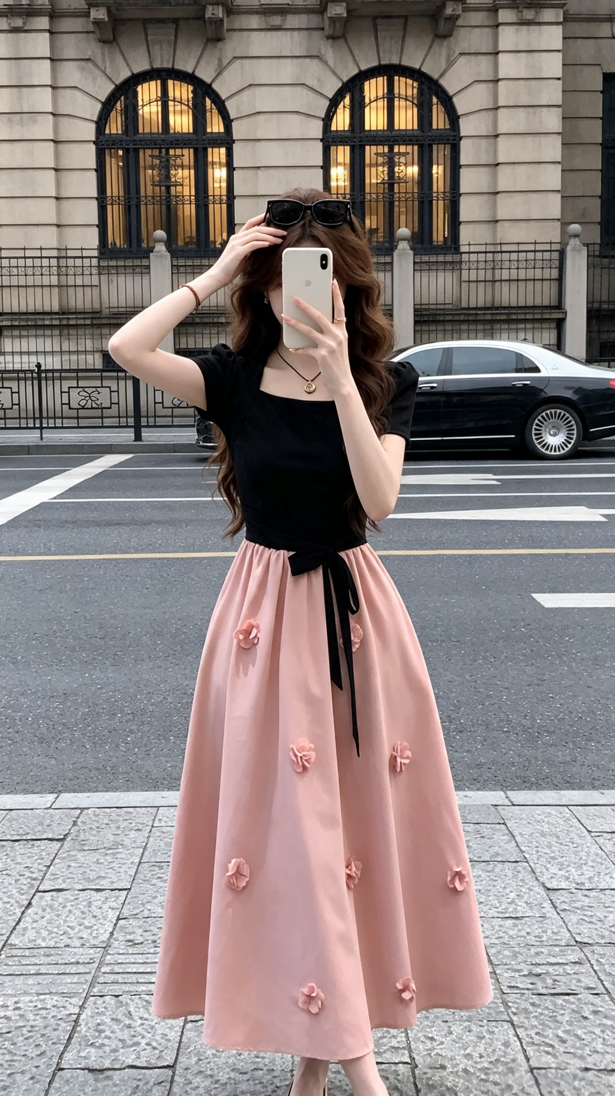 Black Square Neck & Pink Bow-Tied 3D Flower Midi Dress