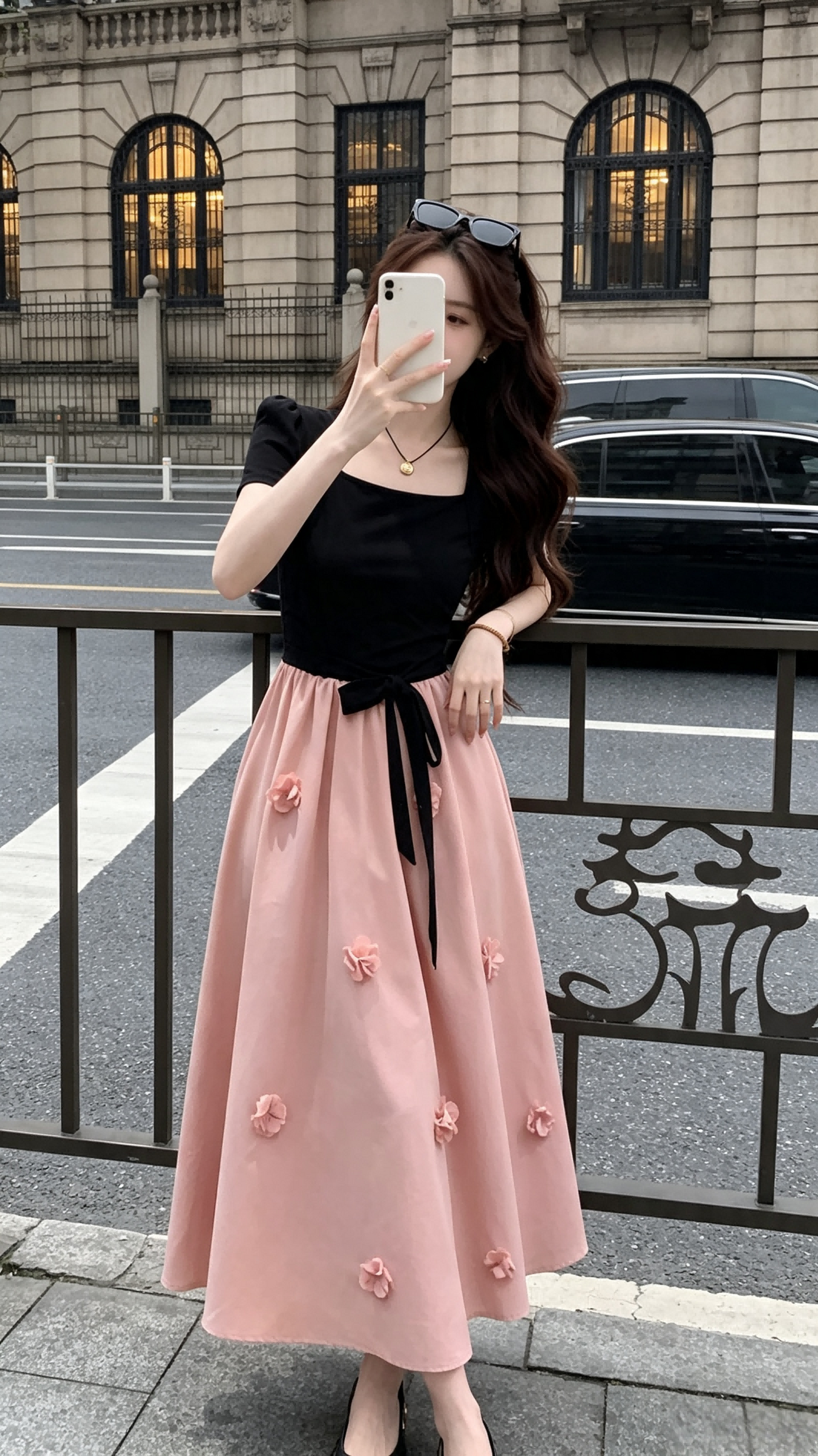 Black Square Neck & Pink Bow-Tied 3D Flower Midi Dress