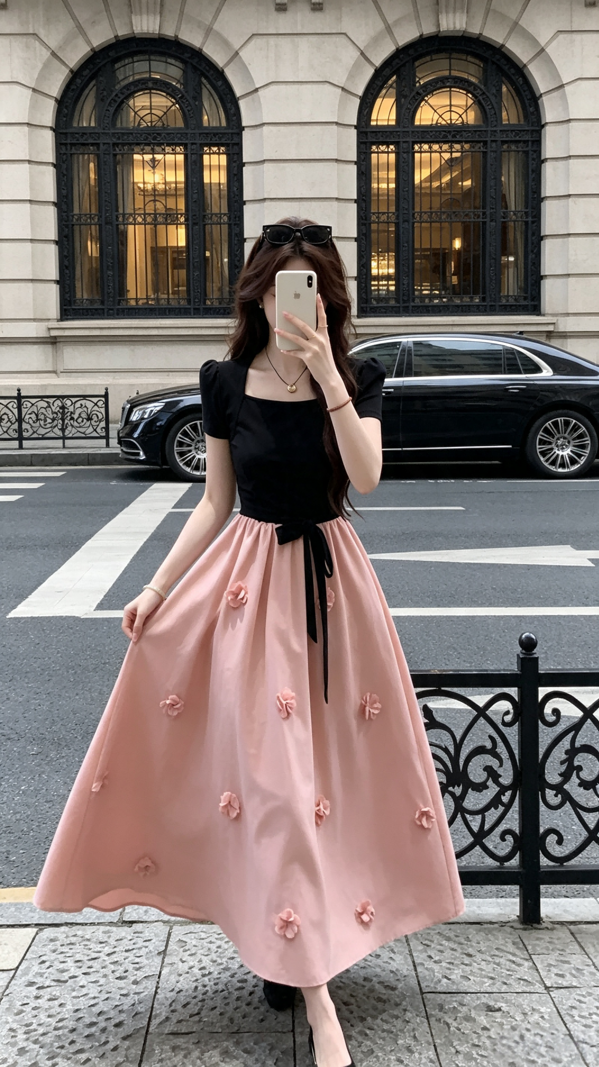 Black Square Neck & Pink Bow-Tied 3D Flower Midi Dress