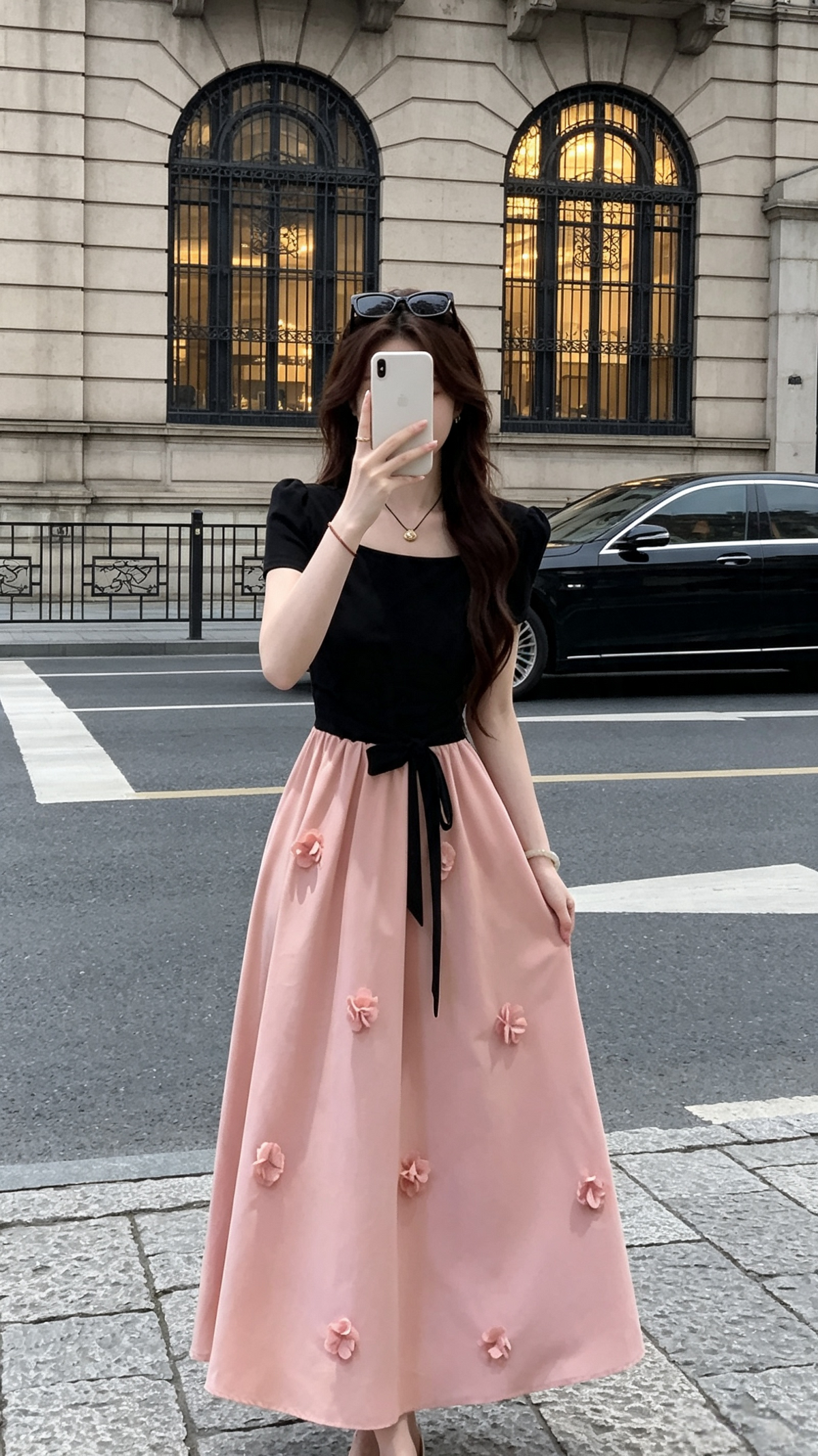 Black Square Neck & Pink Bow-Tied 3D Flower Midi Dress