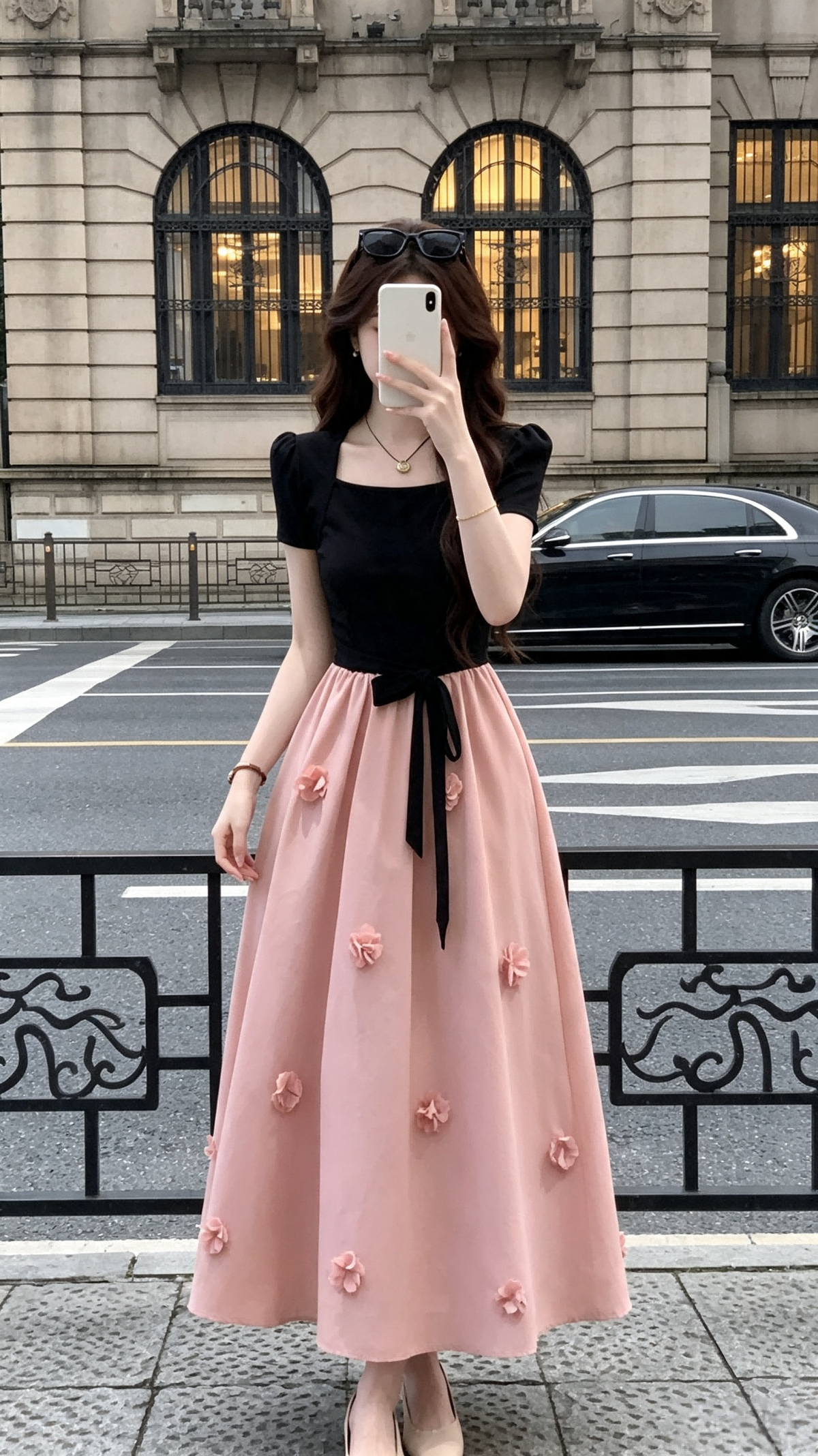 Black Square Neck & Pink Bow-Tied 3D Flower Midi Dress