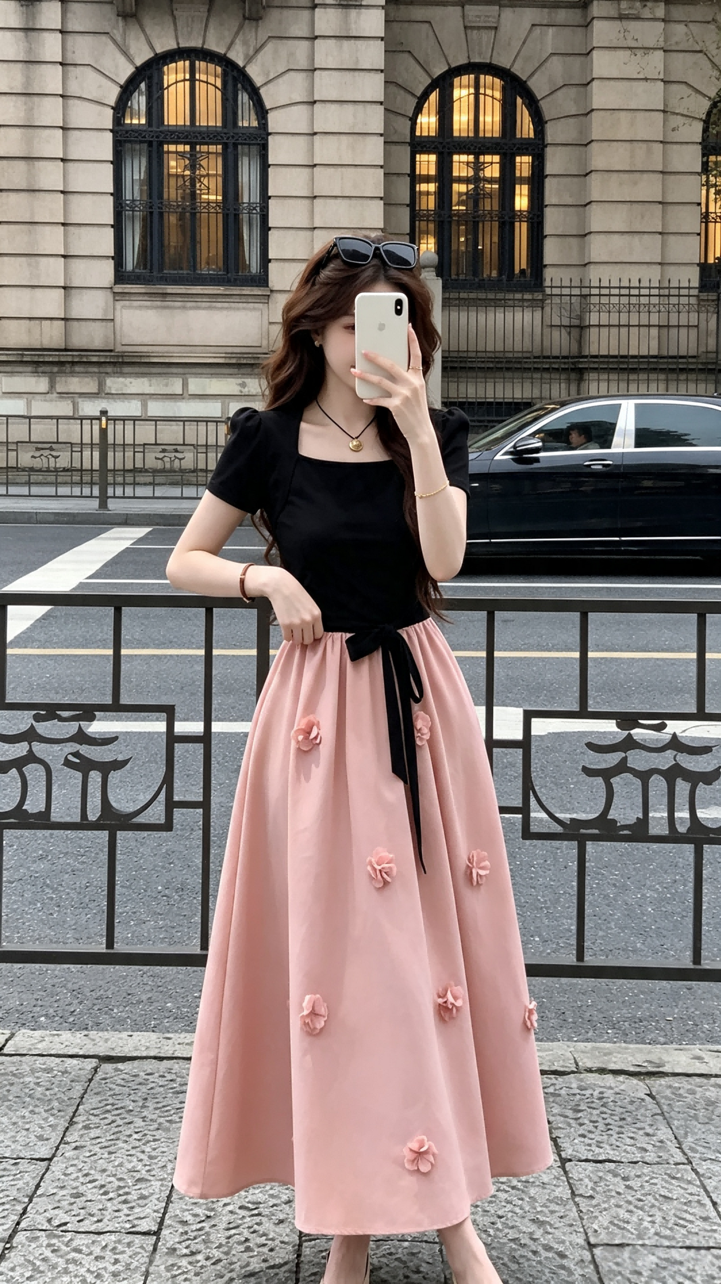 Black Square Neck & Pink Bow-Tied 3D Flower Midi Dress