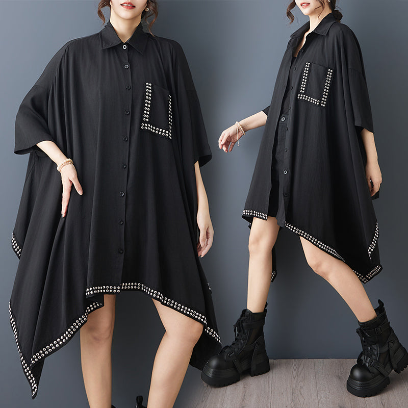 Black Studded Asymmetric Oversized Shirt Dress