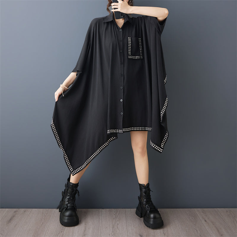 Black Studded Asymmetric Oversized Shirt Dress