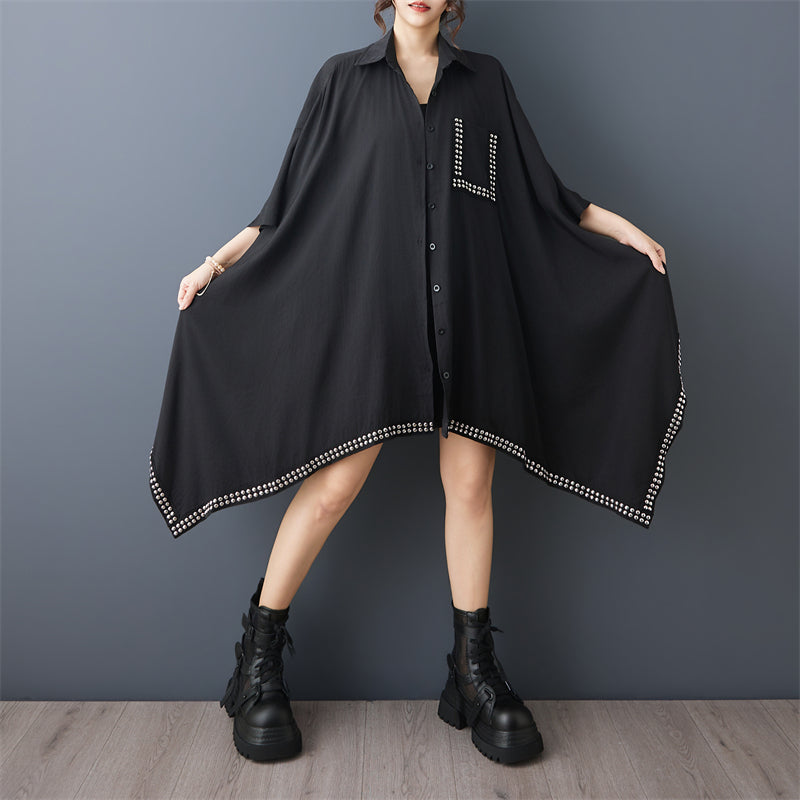 Black Studded Asymmetric Oversized Shirt Dress