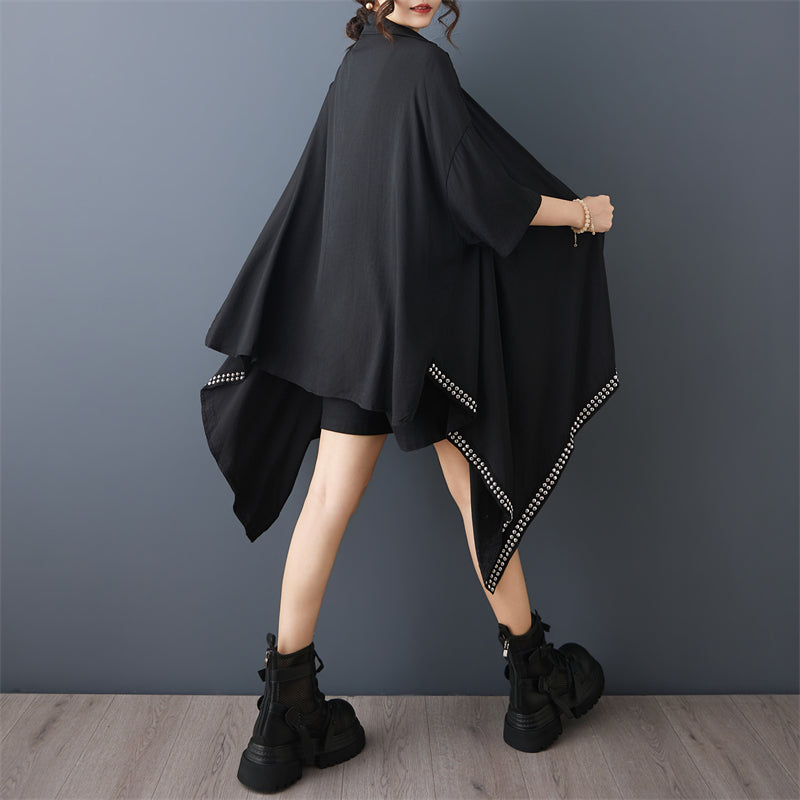 Black Studded Asymmetric Oversized Shirt Dress