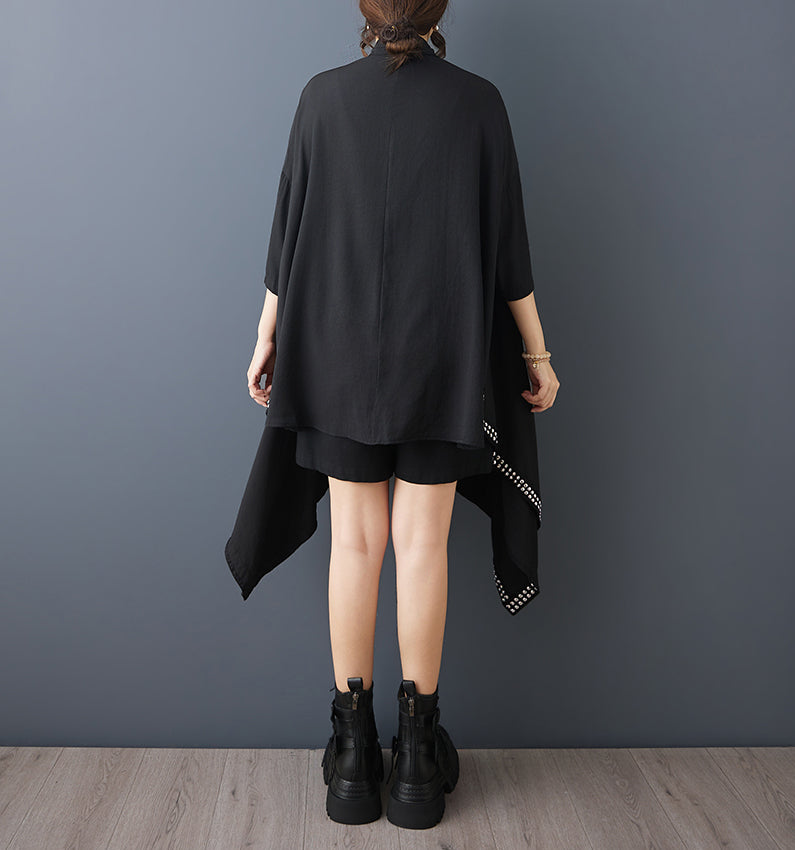 Black Studded Asymmetric Oversized Shirt Dress