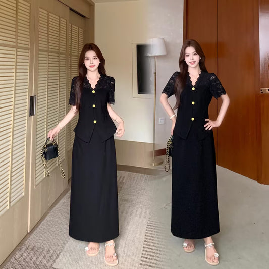 Plus Size Black Two-Piece Lace Peplum Top and Maxi Skirt Set