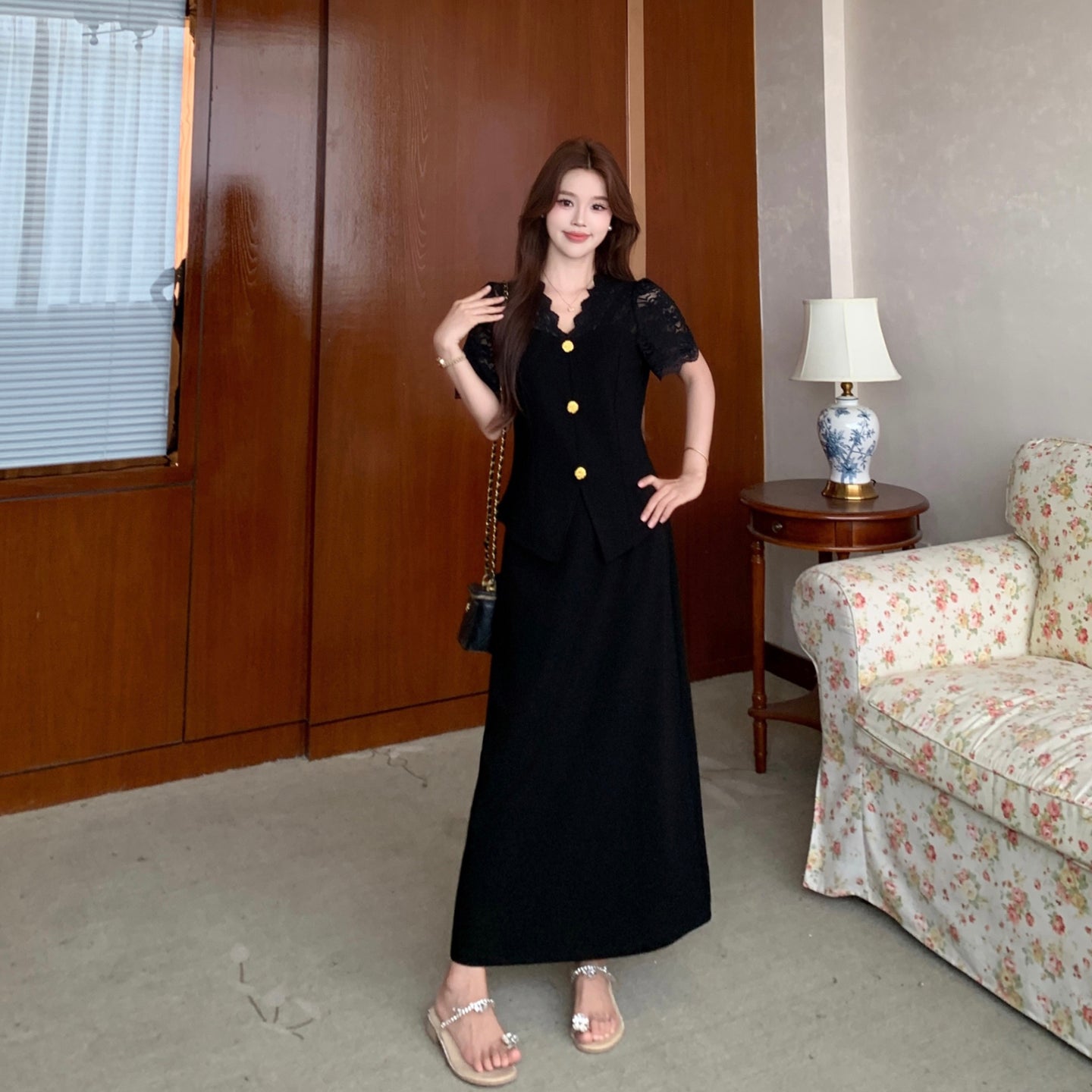 Plus Size Black Two-Piece Lace Peplum Top and Maxi Skirt Set