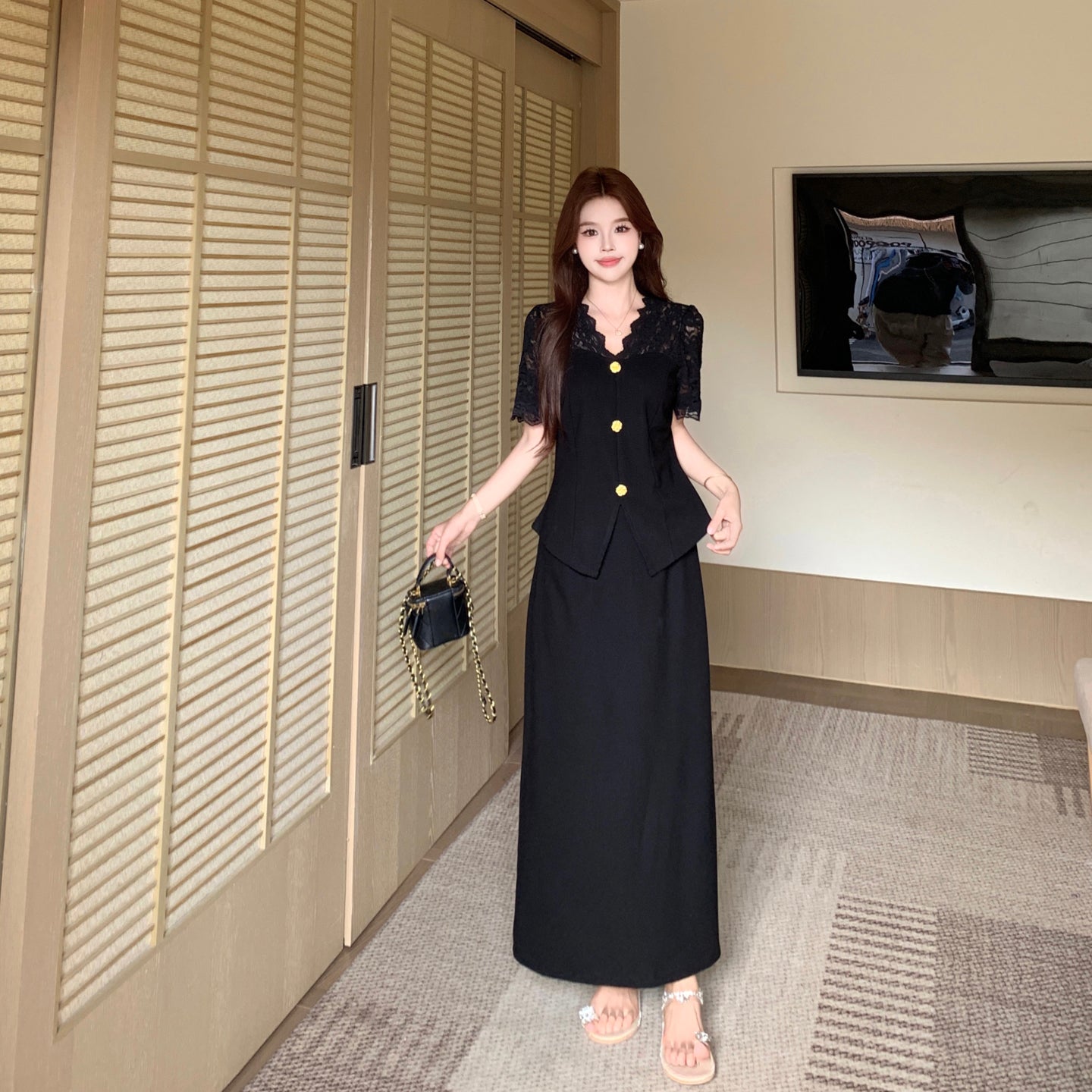 Plus Size Black Two-Piece Lace Peplum Top and Maxi Skirt Set
