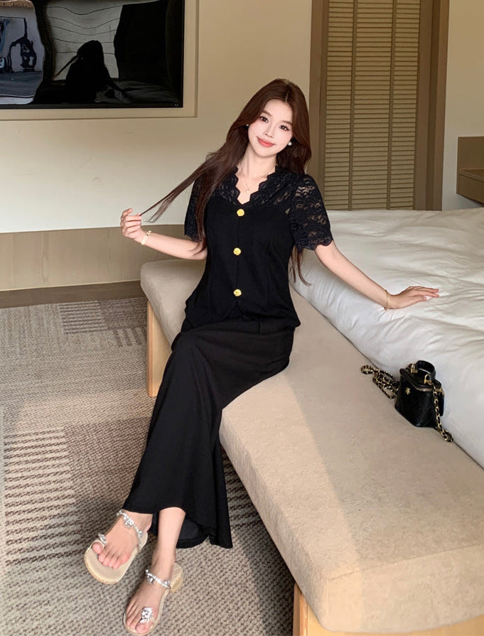 Plus Size Black Two-Piece Lace Peplum Top and Maxi Skirt Set
