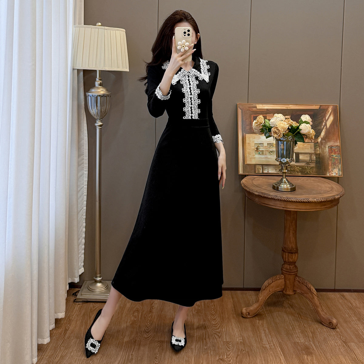 Black Velvet Midi Dress with White Crochet Lace Collar & Cuffs