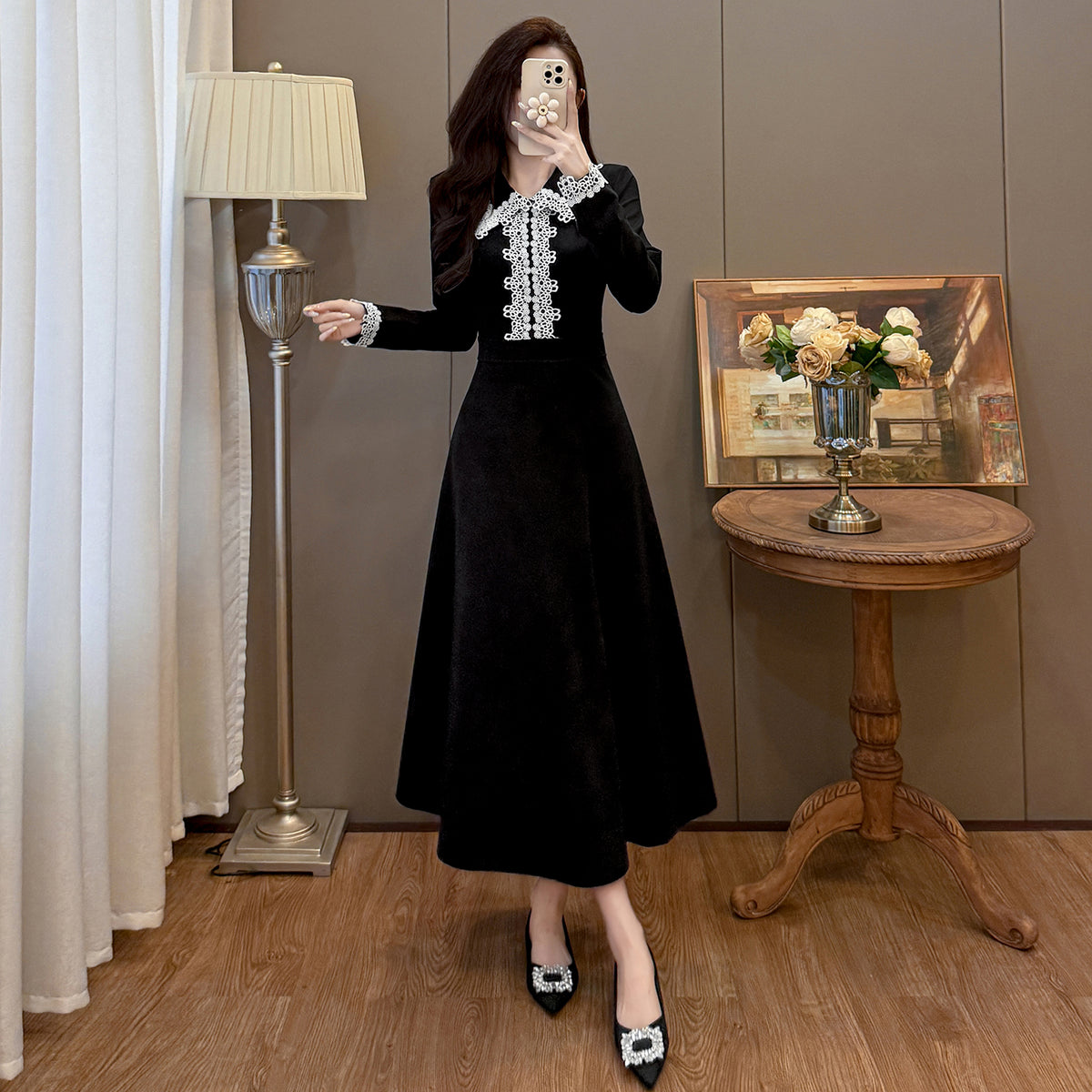 Black Velvet Midi Dress with White Crochet Lace Collar & Cuffs