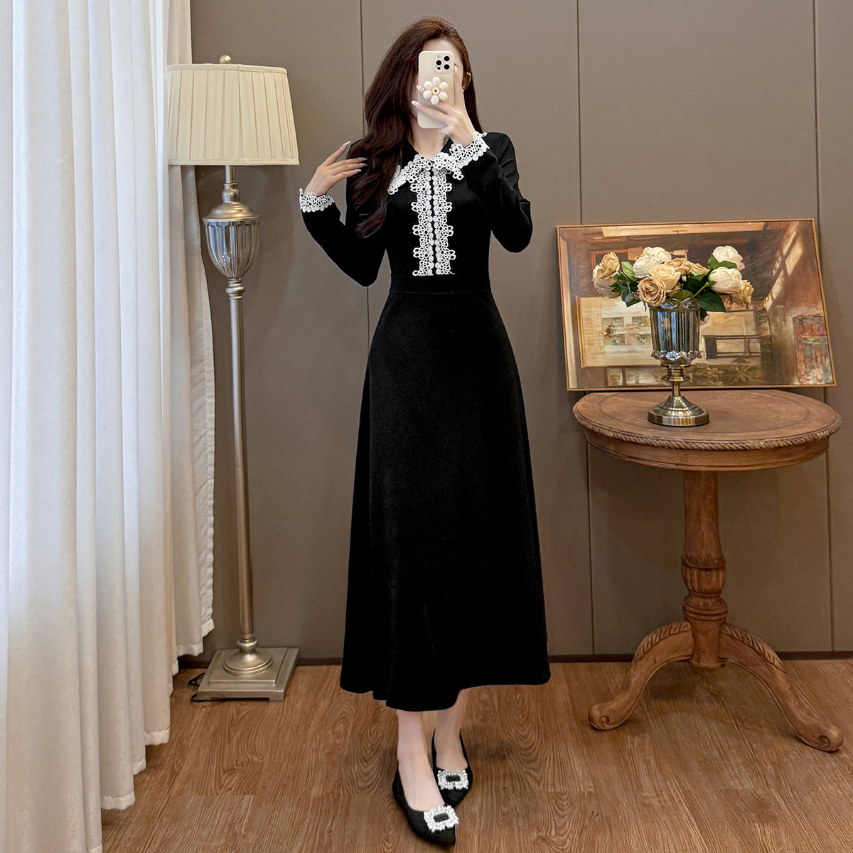 Black Velvet Midi Dress with White Crochet Lace Collar & Cuffs