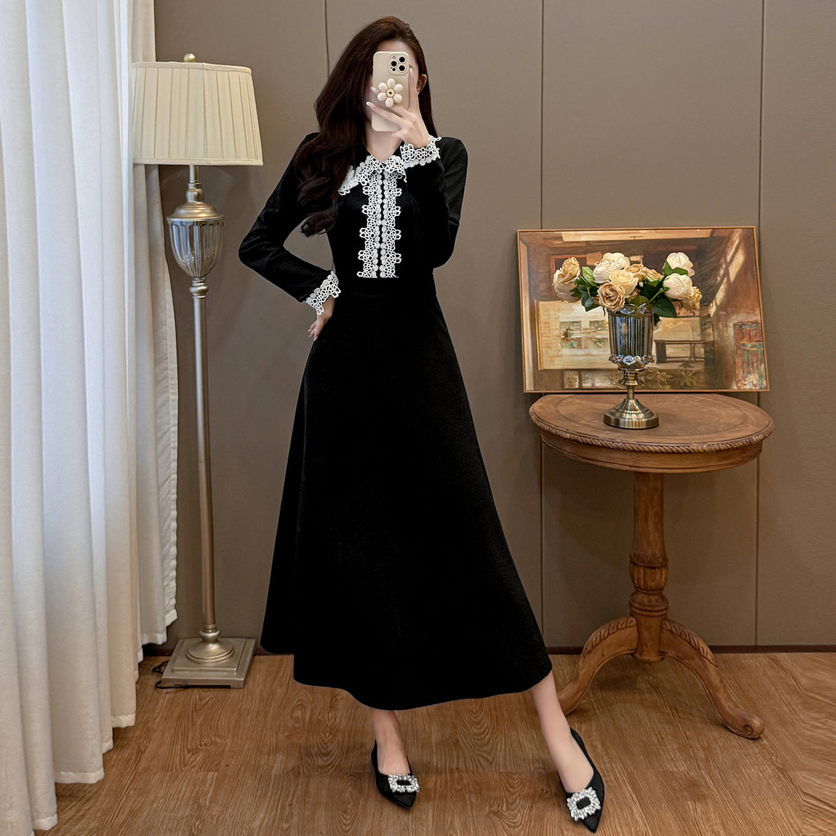 Black Velvet Midi Dress with White Crochet Lace Collar & Cuffs
