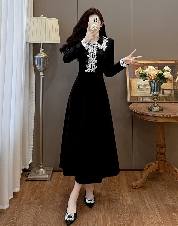 Black Velvet Midi Dress with White Crochet Lace Collar & Cuffs