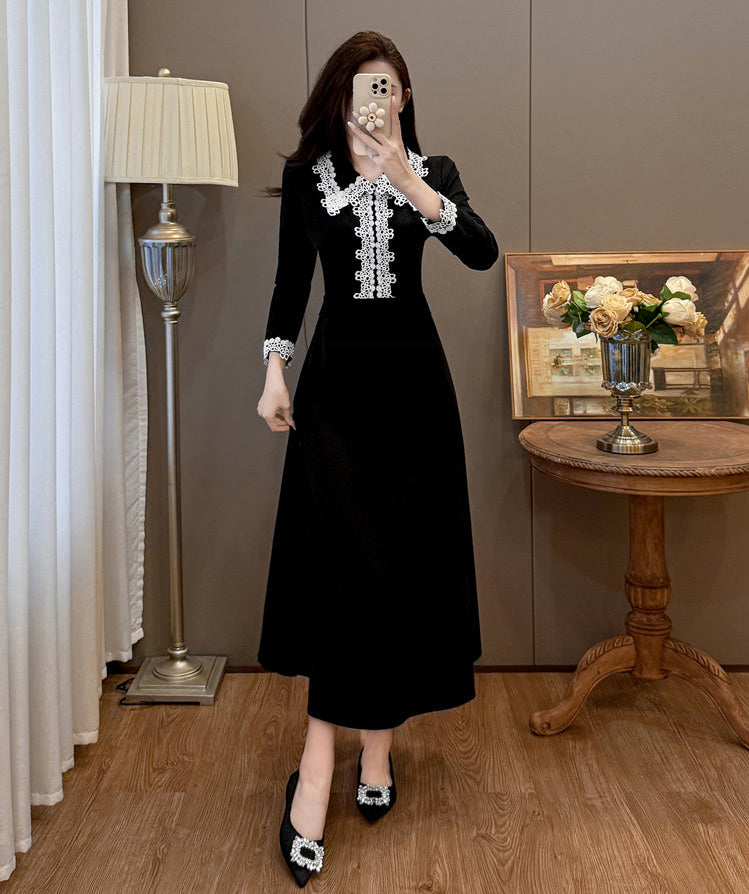 Black Velvet Midi Dress with White Crochet Lace Collar & Cuffs