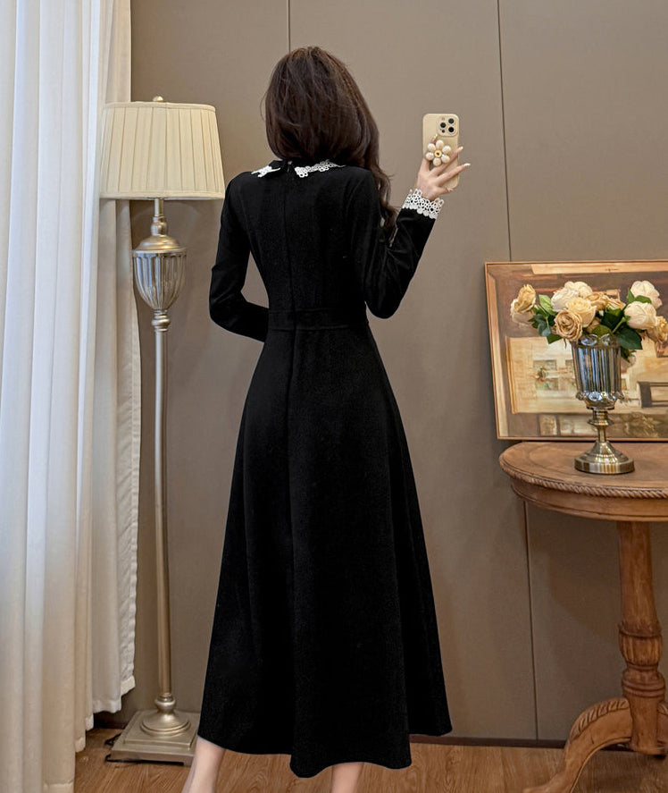 Black Velvet Midi Dress with White Crochet Lace Collar & Cuffs