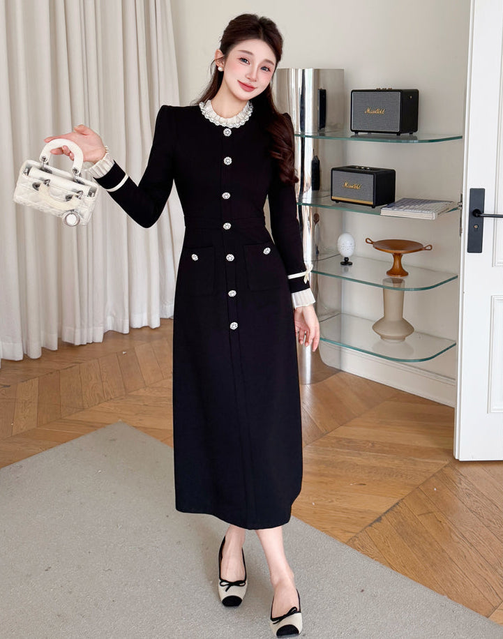 Madeline Pearl Button Long Sleeve Dress With Bow Cuffs