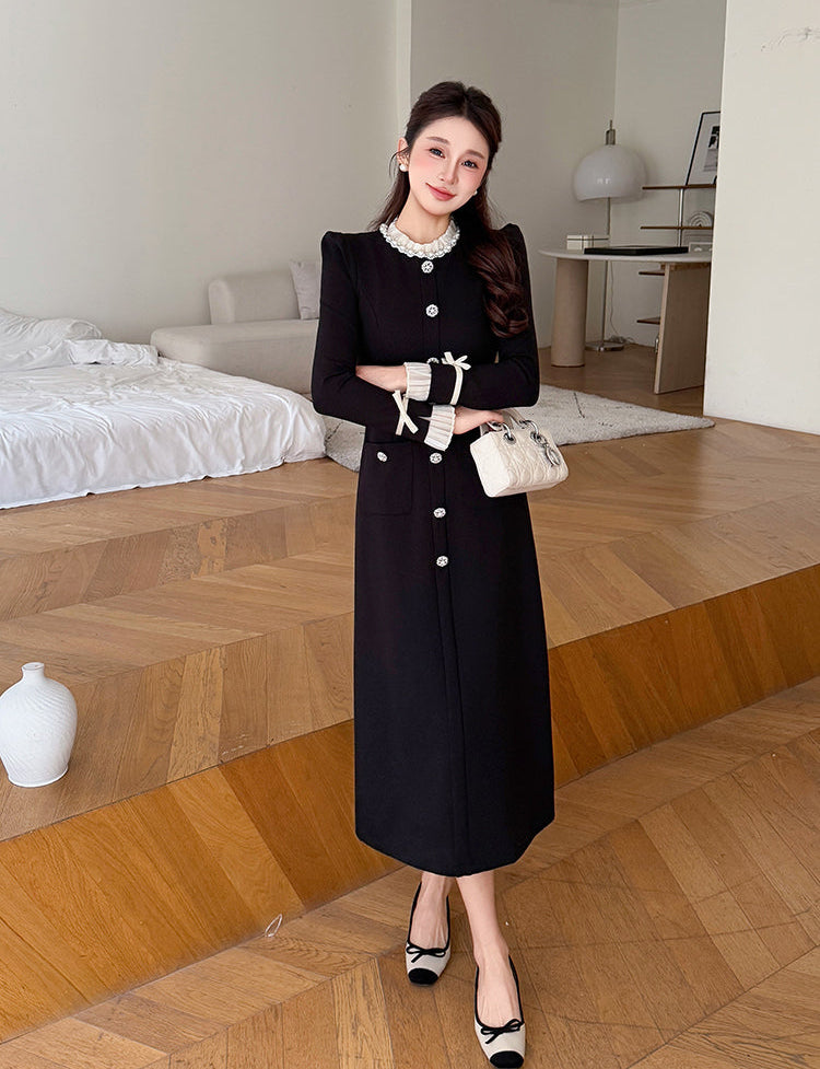 Madeline Pearl Button Long Sleeve Dress With Bow Cuffs