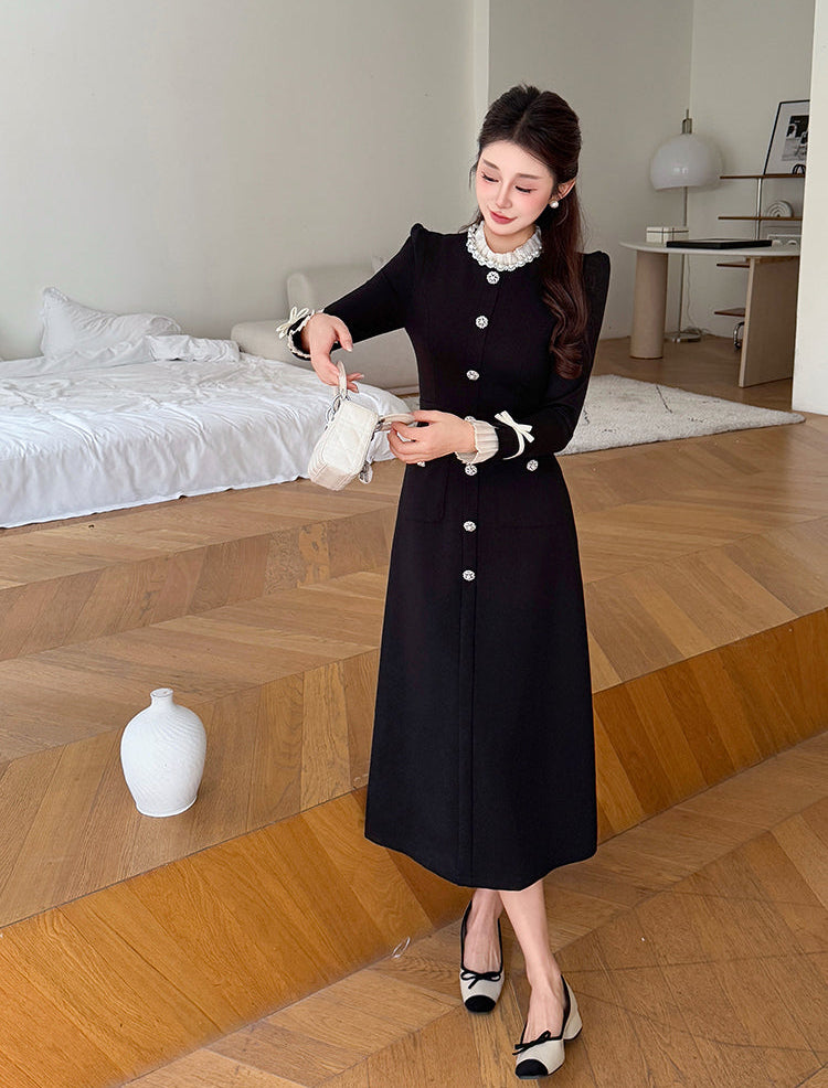 Madeline Pearl Button Long Sleeve Dress With Bow Cuffs