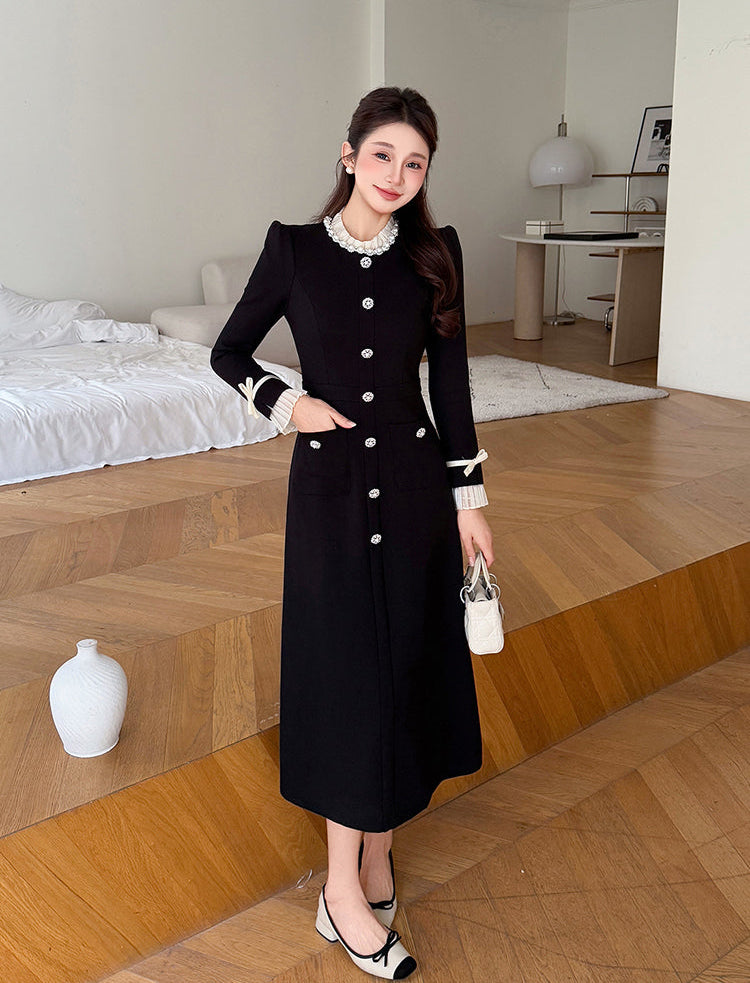 Madeline Pearl Button Long Sleeve Dress With Bow Cuffs