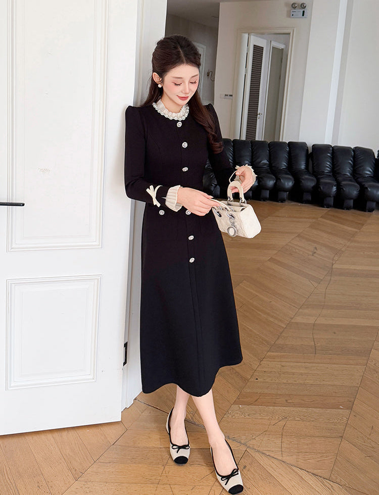 Madeline Pearl Button Long Sleeve Dress With Bow Cuffs