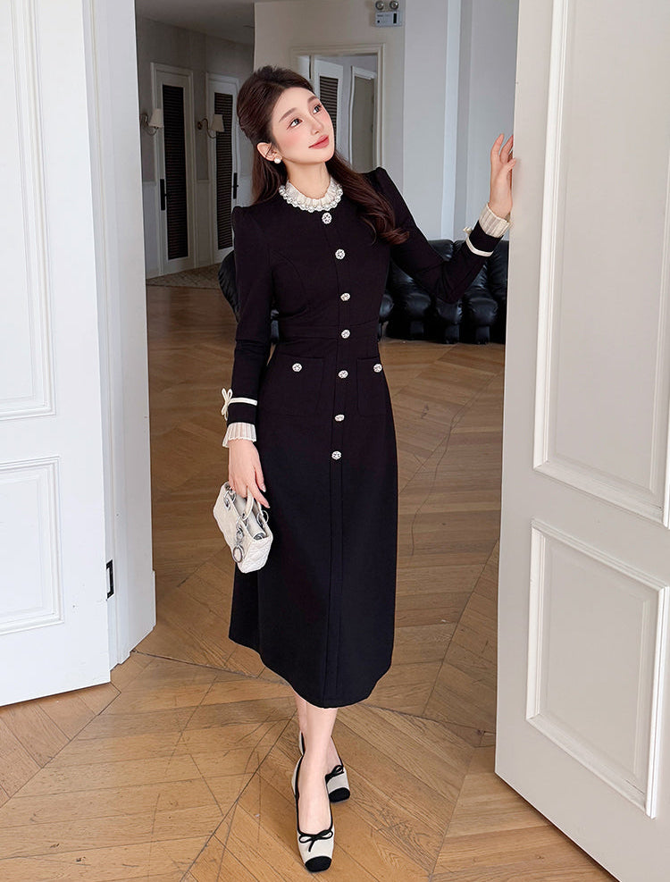 Madeline Pearl Button Long Sleeve Dress With Bow Cuffs
