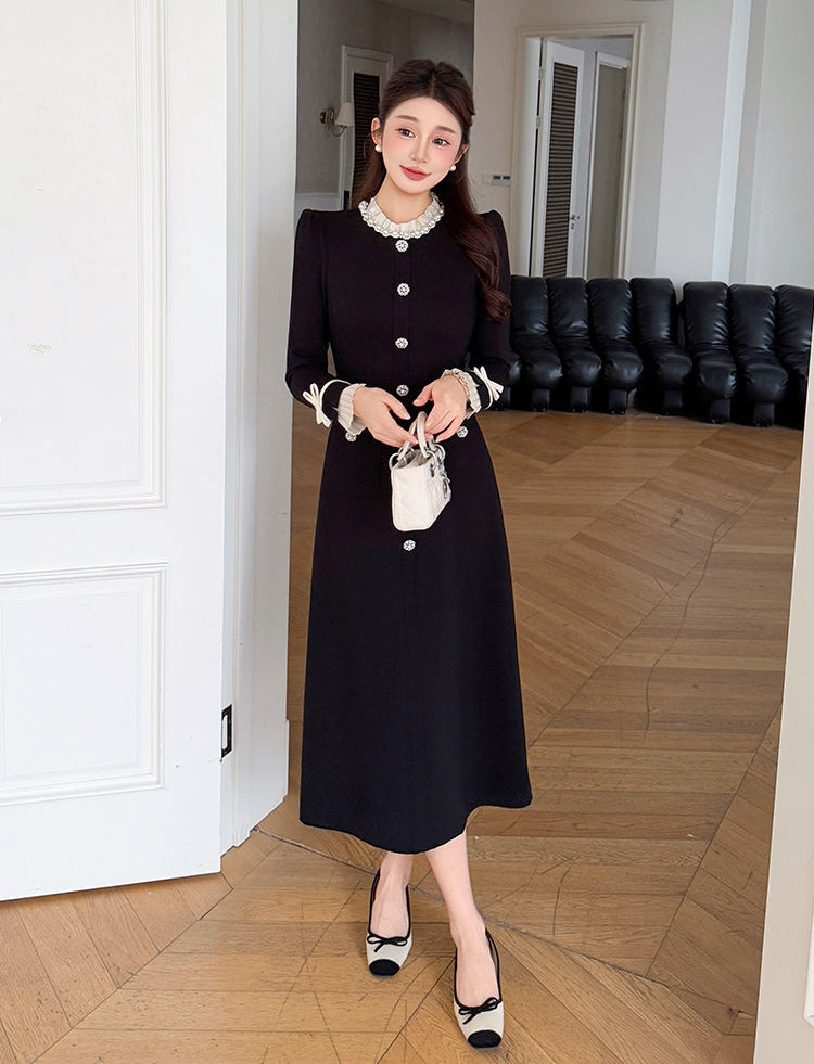 Madeline Pearl Button Long Sleeve Dress With Bow Cuffs