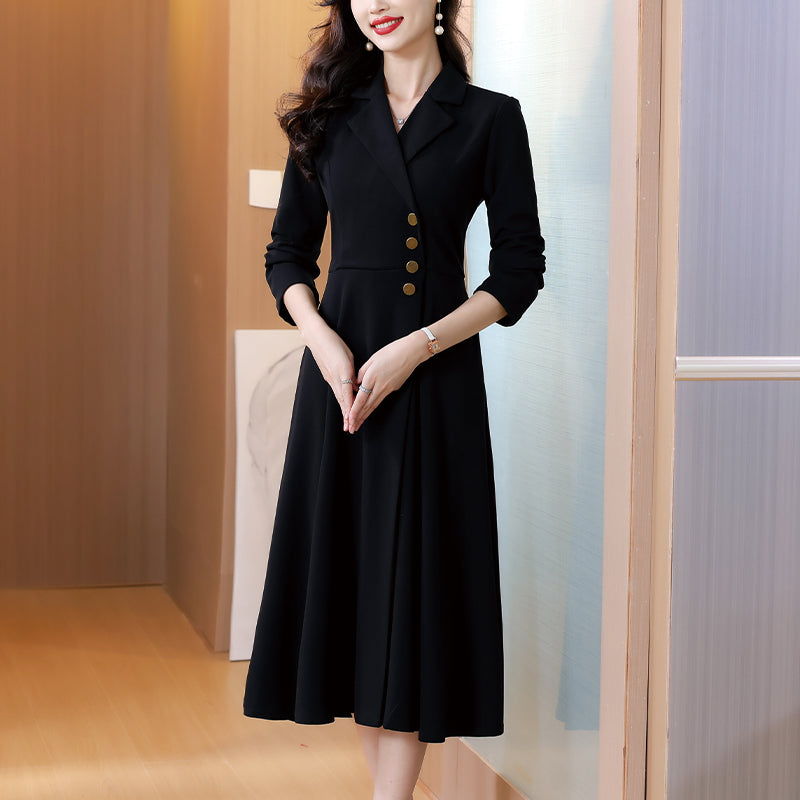 Black Long Sleeve A-Line Office Suit Dress with Gold Buttons