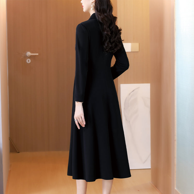 Black Long Sleeve A-Line Office Suit Dress with Gold Buttons