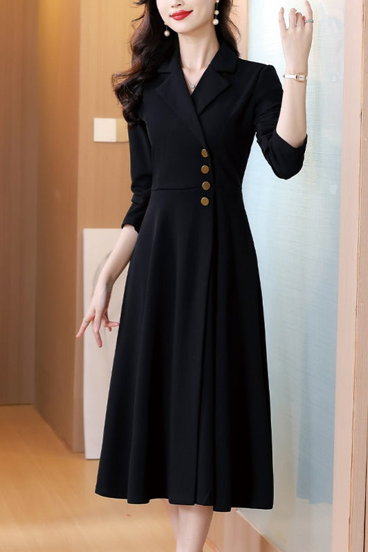 Black Long Sleeve A-Line Office Suit Dress with Gold Buttons