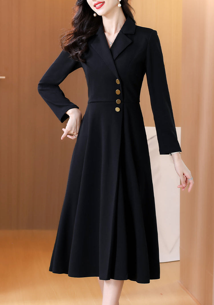 Black Long Sleeve A-Line Office Suit Dress with Gold Buttons
