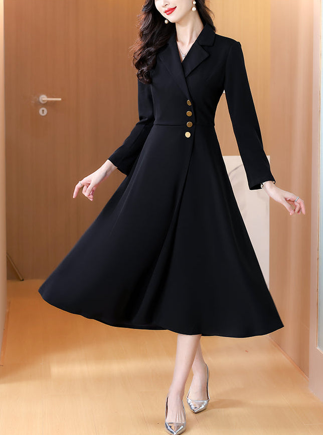 Black Long Sleeve A-Line Office Suit Dress with Gold Buttons