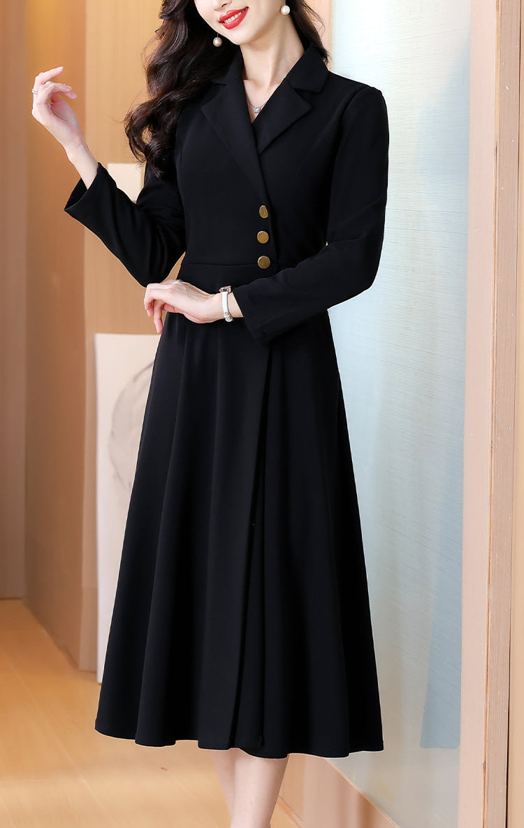 Black Long Sleeve A-Line Office Suit Dress with Gold Buttons